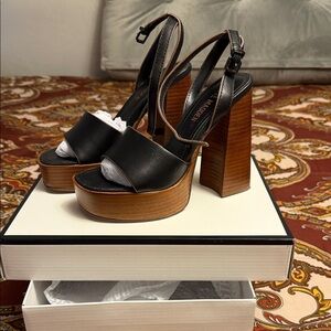 Steve Madden Black Leather Platform Slingback Heels with Wood-Effect Block Heel